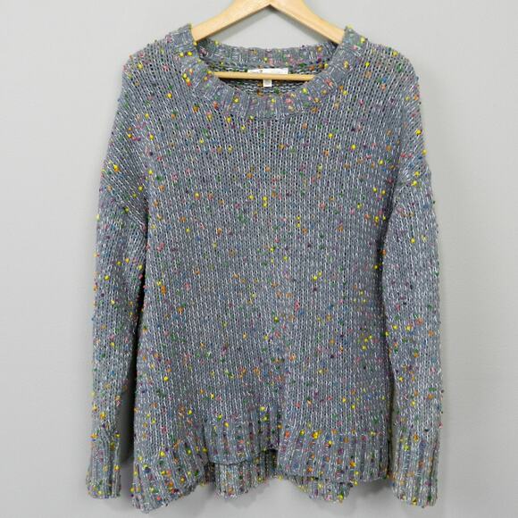 Seven7 Chunky Knit Rainbow Confetti PomPom Sweater Sz L Gray Pullover Jumper - Picture 1 of 10
